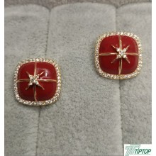 FRANSIZ MİKRO ZİRKON TAŞLI GOLD KARE KIRMIZI MİNELİ KÜPE