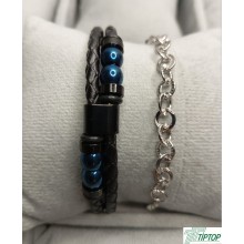 SİYAH DERİ TAŞLI ÇELİK TOKALI - GÜMÜŞ RENK ATAÇ ZİNCİR BİLEKLİK SET UNISEX