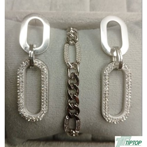 GÜMÜŞ RENK ZİRKON TAŞLI SALLANTILI MODEL ÇELİK KÜPE ZİNCİR MODEL BİLEKLİK