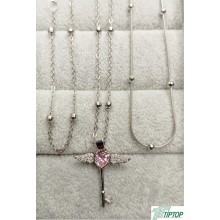 GÜMÜŞ RENK PEMBE TAŞLI MELEK KANAT ANAHTAR KOLYE TOP MODEL KOLYE VE BİLEKLİK 3'LÜ SET 