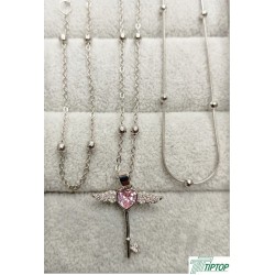 GÜMÜŞ RENK PEMBE TAŞLI MELEK KANAT ANAHTAR KOLYE TOP MODEL KOLYE VE BİLEKLİK 3'LÜ SET 