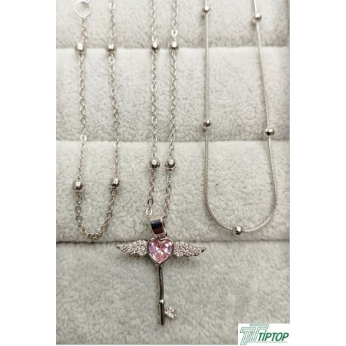 GÜMÜŞ RENK PEMBE TAŞLI MELEK KANAT ANAHTAR KOLYE TOP MODEL KOLYE VE BİLEKLİK 3'LÜ SET 