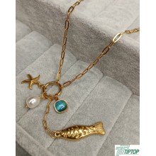 GOLD RENK DENİZ YILDIZI İNCİ VE BALIK CHARMLI ATAÇ ZİNCİRLİ ÇELİK KOLYE