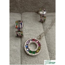 GÜMÜŞ RENK ZİRKON TAŞLI ÇOK RENKLİ KOLYE KÜPE SET