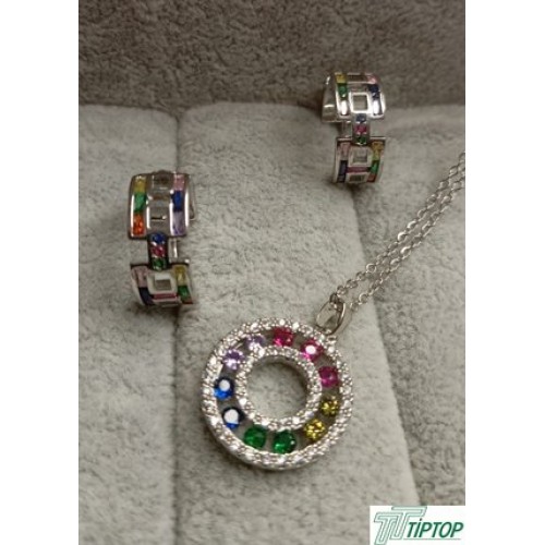GÜMÜŞ RENK ZİRKON TAŞLI ÇOK RENKLİ KOLYE KÜPE SET